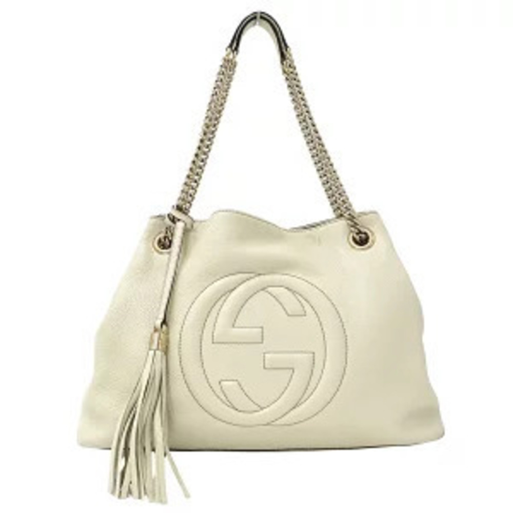 Gucci Tote Bag Soho Interlocking GG Leather White Tassel Chain